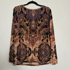 Chico's Long Sleeve Boat Neckline Paisley Mesh Top Multi-Colored